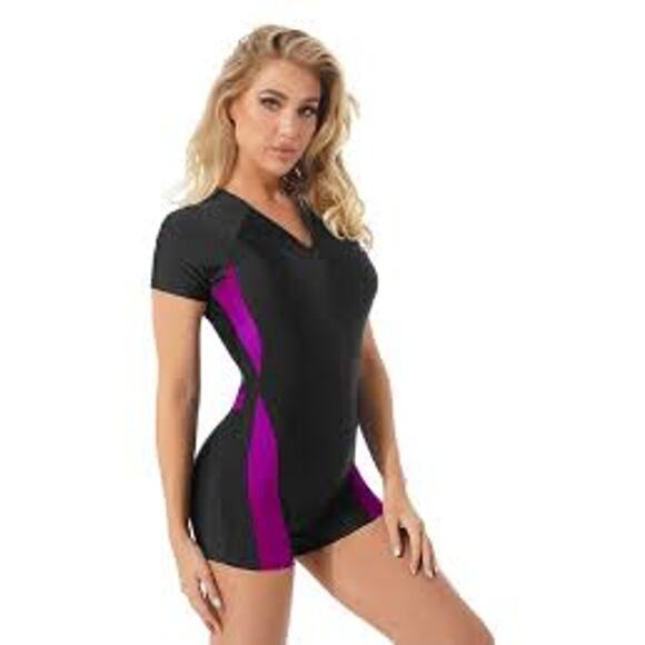 NWT IEFIEL BLACK/PINK RASH GUARD SHORT SLEEVE ZIP ONE PIECE SWIMSUIT/WETSUIT XXL - Picture 2 of 10